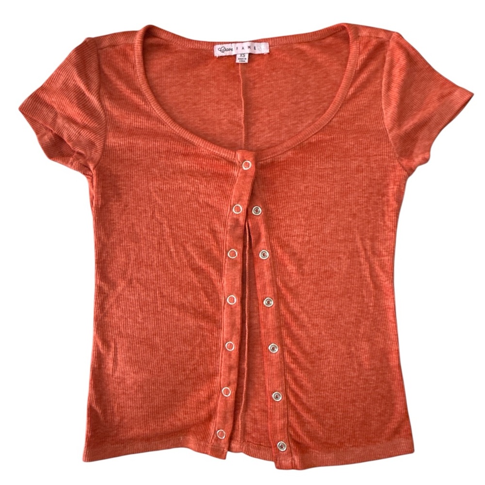 Orange Button-Up Women Top Short Sleeve Cotton Shirt Juniors Size XS
